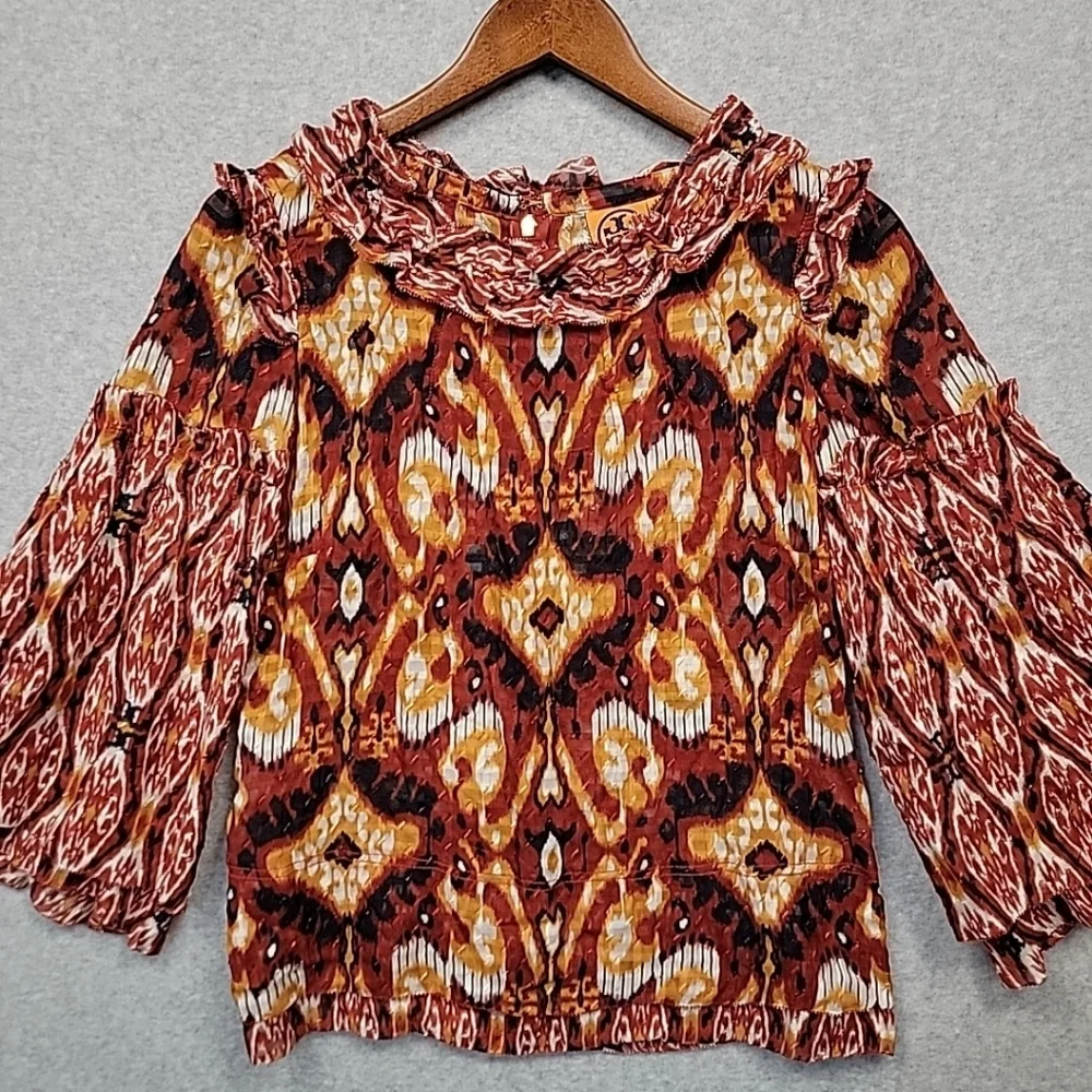 Tory Burch Silk Ikat Boho Blouse Size 6 Ruffle Peasant Flared Sleeve Layered Top